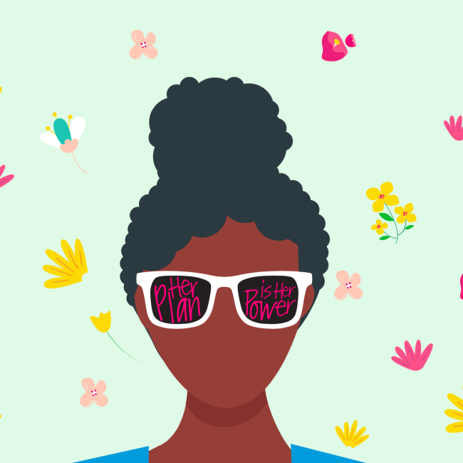 Illustration of woman with hair up, wearing sunglasses which say Her Plan is Her Power on the lenses.